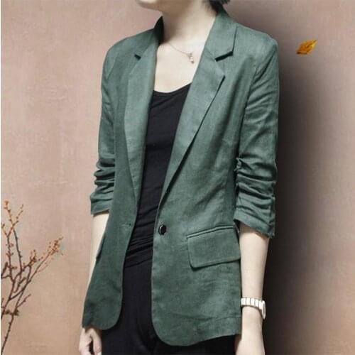 2021 New Arrival Spring/autumn Women Casual Single Button Three Quarter Sleeve Blazer Slim Cotton Linen Notched Collar Coat W80