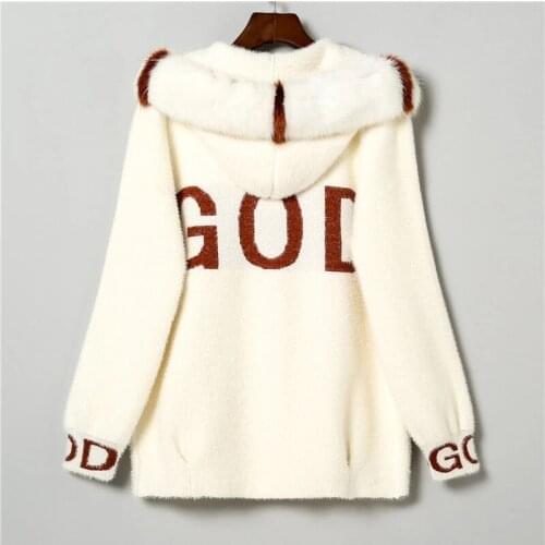 Autumn Mink Cashmere Cardigan Hooded Coat Sweater Women Winter Fashion Print Casual Mink Sweaters Thick Warm Outerwear Female