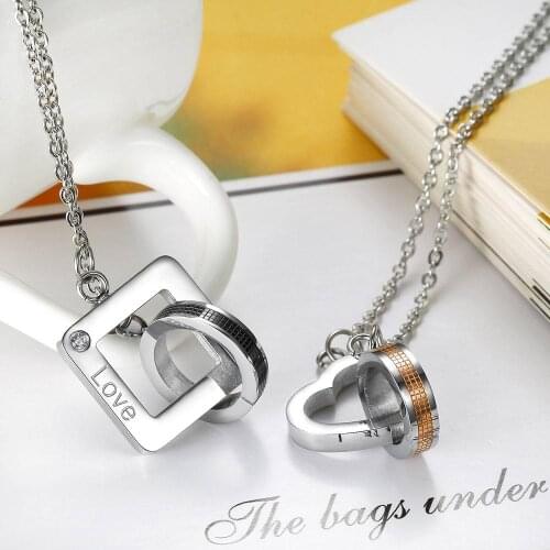 Couple Necklace Heart Square Shape Stainless Steel Chain Pendant Lovers Men Women Gift