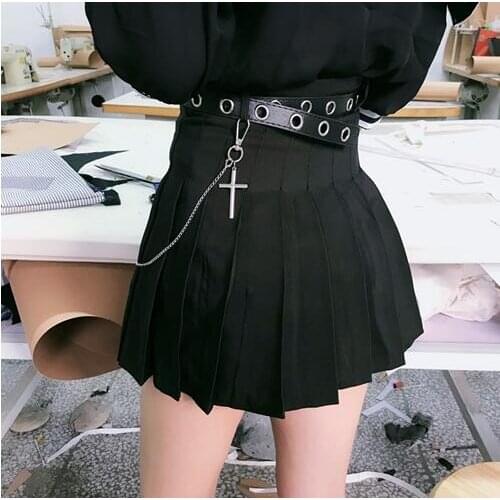 Preppy style Gothic girl Harajuku Cross Chain Pleated Skirt Slim High Waist Black Short Skirt Sexy Mini Women Pleated Skirts