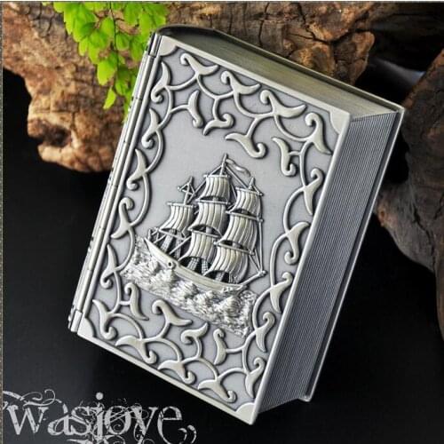 Vinatge Jewelry Box Book Design with Caribbean Boat Carved Metal Trinket Alloy Case Carrying Box book box Home decoration Z051