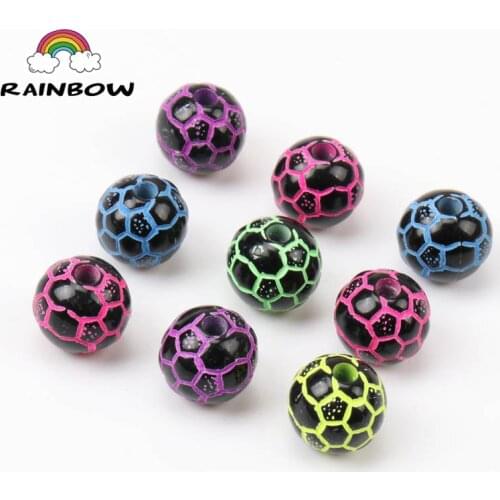Mixed Black Bottom Neon Stripe Colors Football Pattern Acrylic Round Shape Spacer Loose Beads For Jewelry Making DIY 10mm 50pcs
