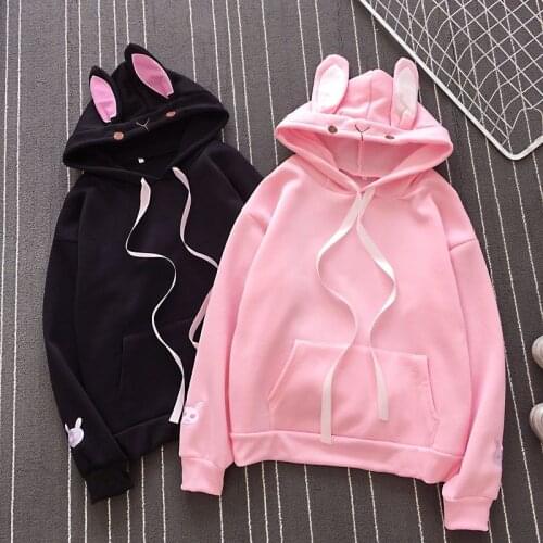 Women Fashion Cute Bunny Hoodie Long Sleeve Lovely Female Rabbit Hooded Sweatshirts Girl Casual Loose Size Lovely Cotton Hoodies