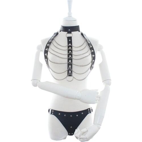 Gothic PU Leather Harness Garters Two Piece Set Sexy Metal Chain Tassel Top Adjustable Party Night Club Flirt Bondage Lingerie