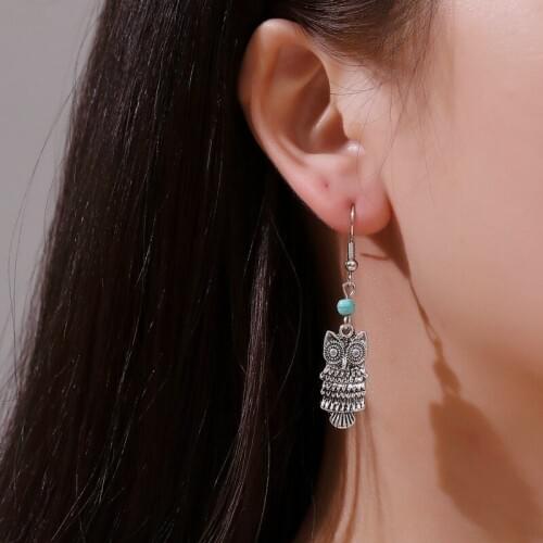 Owl Bird Retro Alloy Blue Bead Natural Blue Stone Metal Silver Plated Women Dangle Earrings & Drop Earrings