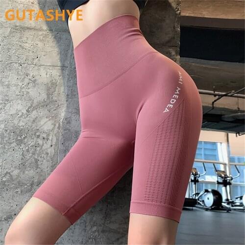 GUTASHYE Women High Waist Energy Seamless Yoga Shorts Push Up Hip Gym Shorts Fitness Letter Print Sports Leggings Workout