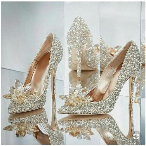 Sexy Red Crystal Wedding Shoes Bride Pointed Toe Cinderella Heels Glittering Rhinestone Pumps Shoes Women Jewelry Flora Pumps