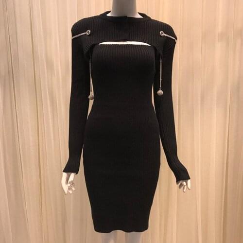 Women Bodycon Sweater Dress Spring Autumn Hollow Out Diamonds Chain Sheath Stretch Knit Dress