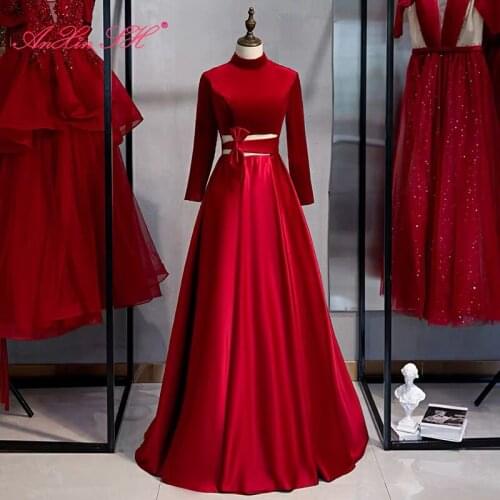 AnXin SH princes wine red velour satin evening dress vintage party long sleeve o neck little bow bride a line evening dress