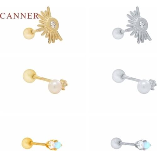 CANNER Earrings For Women 925 Sterling Silver Diamond Turquoise Pearl Stud Solar Beam Piercing Huggie Stud Earrings Jewelry 1pc