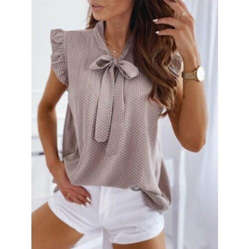 Women Blouses Short Sleeves Shirt Summer Bow Lace Up Polka Dot Female Tops Ruffle Pullover Vintage Blusa
