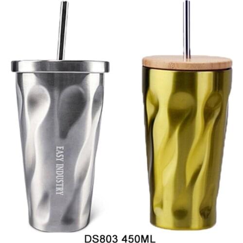 Double-layer Stainless Steel Straw Coffee Cup Bamboo Cover Stainless Steel Thermos Mug Customized Outdoor Sports Car Auto Mug