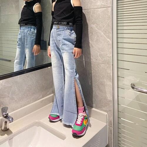 Girls split jeans flared pants 2021 high waist slim wide leg pants trousers jeans pants streetwear teenage tassel 4 to 14 yrs