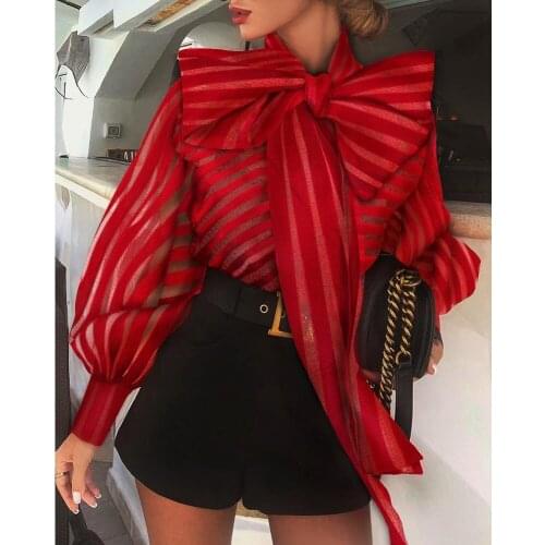 Elegant OL Women Front Big bow not neck Mesh Long Lantern Sleeve Striped See-through Tops Formal Office Lady Blouse Shirts