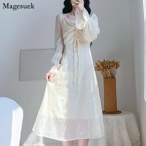 French Square Collar Chiffon Dress Retro Gentle Long Dress Embroidery High Waist Party Dress Lace-up Mid-length Dress Robe 12912