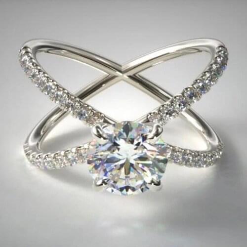 Classic Romantic Finger Ring With Creative X Shaped Band With Round Cubic Zirconia Stone Wedding Anniversary Ring Band Jewerly