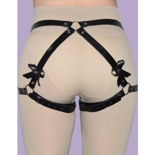 Leather Black Body harness woman Gothic Bow Garter Belt Sexy Leg Thigh Bondage Cage Fetish Garters Suspender Punk Goth Clothes