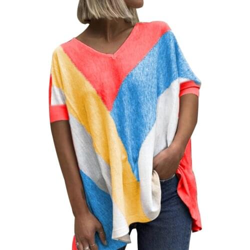 Summer Women Color Matching Printed Tops Short Sleeve T-shirt Casual Loose V-neck Street Ladies Top Tee Shirt Femme