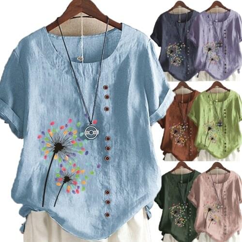 Summer New Fashion Ladies Dandelion Printed Linen T-shirt Casual Loose Round Neck Short-sleeved Shirt Top Plus Size