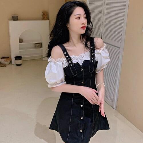 Lucyever Sexy Off Shoulder Braces Dress Two Piece Set Women Summer White Puff Sleeve Shirts Woman Black Slim Fit Mini Dress Lady