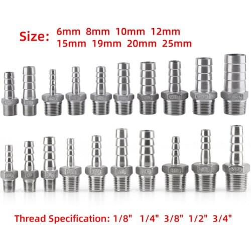 Stainless Steel Male BSP 1/8" 1/2" 1/4" 3/4" Thread Pipe Fitting Barb Hose Tail Connector 6mm to 25mm Tools Accessory