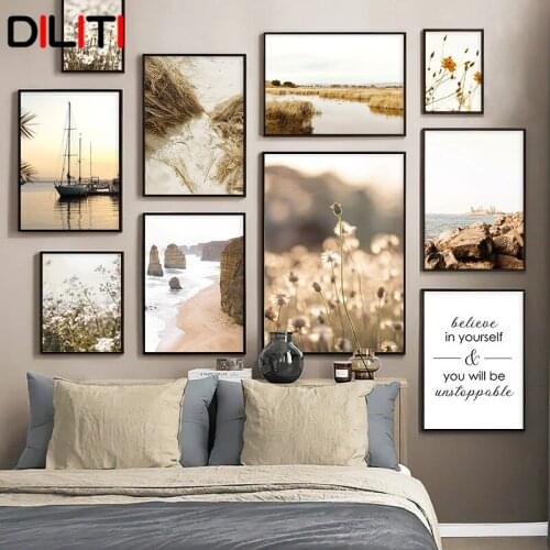 Poppy Flower Fence Sailboats Sunrise Wall Art Pictures Nordic Daisy Floral Posters and Prints for Living Room Home Decor