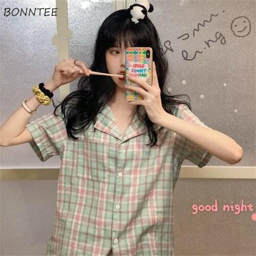 Pajama Sets Women New Summer Chic French Plaid Single Breasted Lovely Girls 2 Piece Sleepwear Short Sleeve Sweet Ladies Homewear