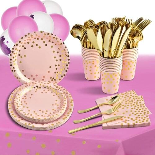 Pink Gold Party Supplies Disposable Dinnerware Sets Plates Cups Napkins Tableware Cutlery for Bridal Shower Wedding Birthday