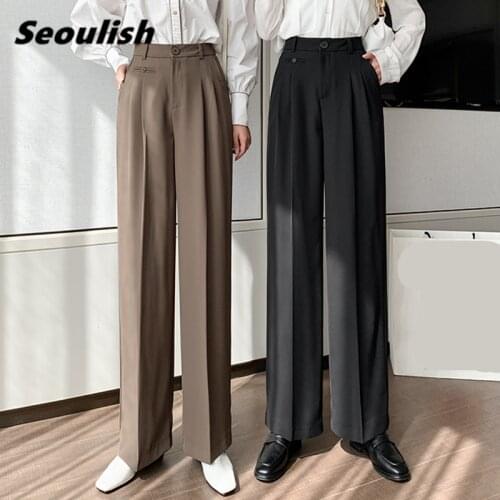 Seoulish 2021 New Button Formal Womens Wide Leg Long Pants High Waist Female Workwear Elegant Trouses Pockets Spring Summer