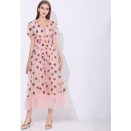 Sequins Strawberry Dress Women Elegant Long Dress V Neck Puff Sleeve Mesh Sexy Party Dresses Vintage Floral Dress Women Robe