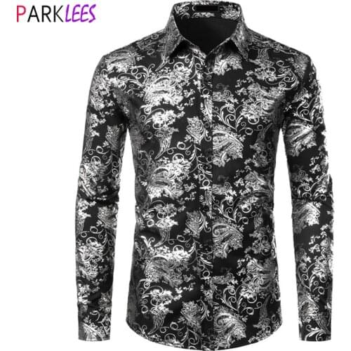 Silver Paisley Luxury Printed Floral Shirt Men Wedding Party Dinner African Dress Shirts Mens Wedding Dinner Party Chemise Homme