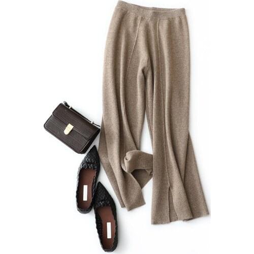 Shuchan 100% Cashmere 2021 Ankle-Length Pants Wide Leg Pants Winter Office Lady Dress Pants for Women Knit Elastic Waist Solid