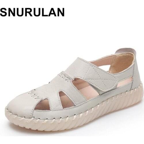 SNURULAN NEW Womens sandals; womens summer leather soft sole; middle-aged non-slip summer sandals; black shoes