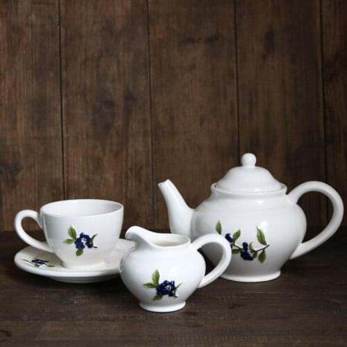 Vintage White Relief Ceramic Hand-painted Blueberry Series Coffee Cup/Afternoon Tea Teapot/ Milk Pot