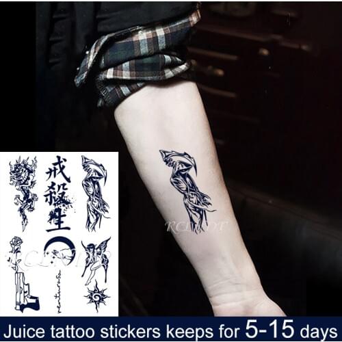 Waterproof Temporary Juice Ink Sticker Gun Flower Moon Rabbit Dragon Butterfly Elf Fruit Gel Long Lasting Tattoo for Men Women