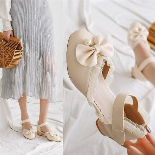 YQBTDL Chunky Heels Hook Loop Lolita Shoes Princess Lace Ruffles Bowtie Mary Jane Party Ladies Shoes Summer Low Heel Pumps 2020