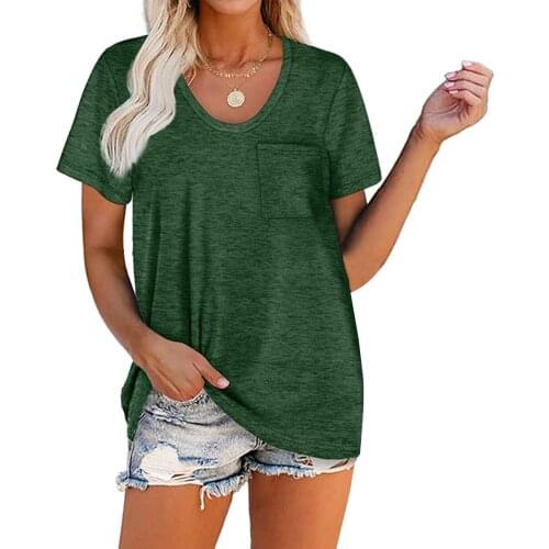 Ladies Summer Casual Solid Color Short-sleeved Shirt U-neck Jacket Pocket Ladies Skin-friendly And Comfortable T-shirt