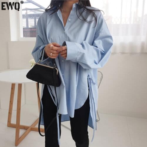 [EWQ] 2021 Autumn New Sweet Turn-down Collar Long Sleeve Womens Tops And Blouses Sweet Side Split 1 Ladies Shirt QX82200