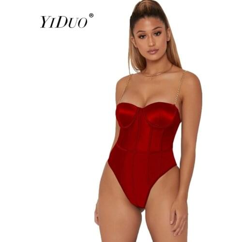 YiDuo 2020 Women Metal Chain Straps Backless Bodysuits Sexy Bodycon Cut Out Jumpsuit Fashion Club Party Satin Body Top Black Red