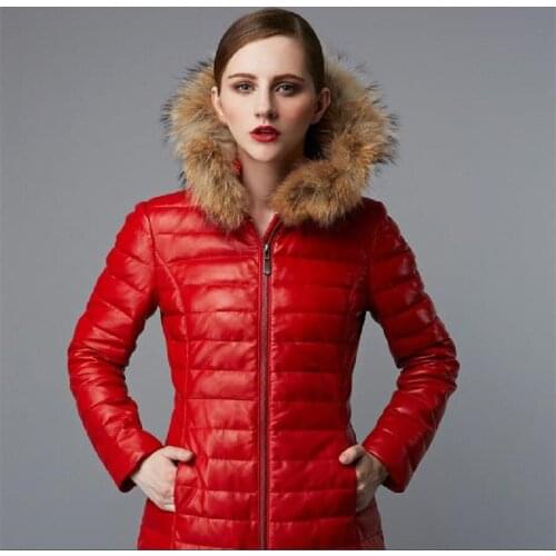 Factory Direct 2016 Women Fashion Black and Red Genuine Leather Down Jacket Real Sheepskin Slim Fit Lady Long Winter Coats