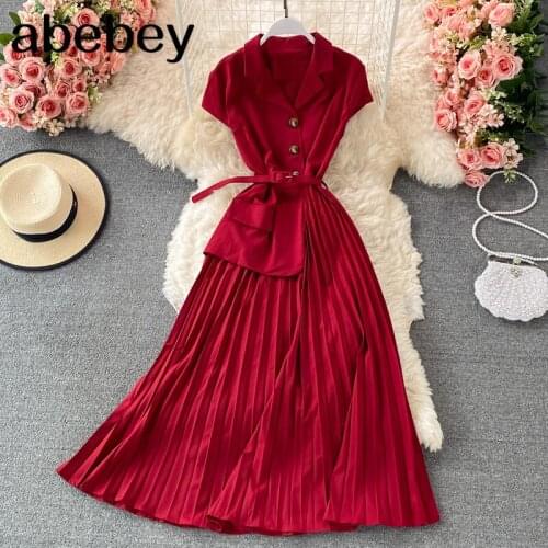 2021 New Summer Temperament Notched collar short sleeve Dress irregular design waist lace up single breasted Pleated Dress