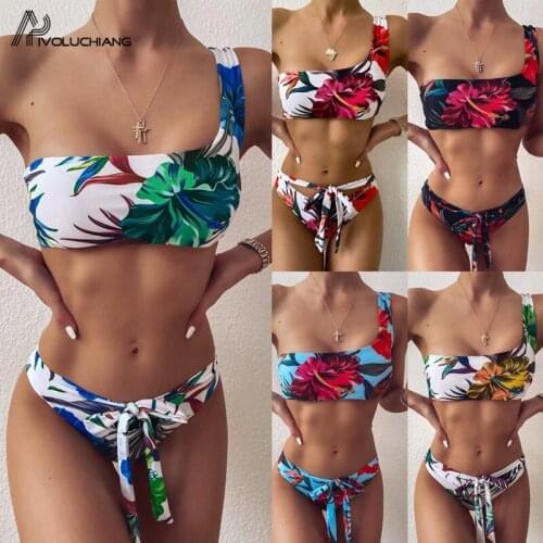 2020 Sexy Lady Bikinis Monokini Two Piece One Shoulder Swimwear Flour Print Push Up Tube Top Beachwear Bandage High waist Bather