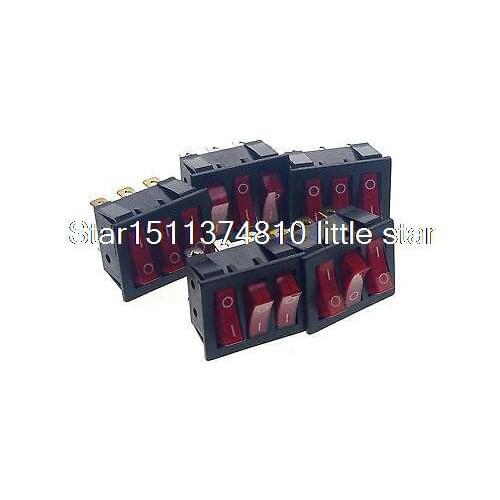 5 x DPDT Red Light Illuminated Round Rocker Switch Three Position 9 Terminals