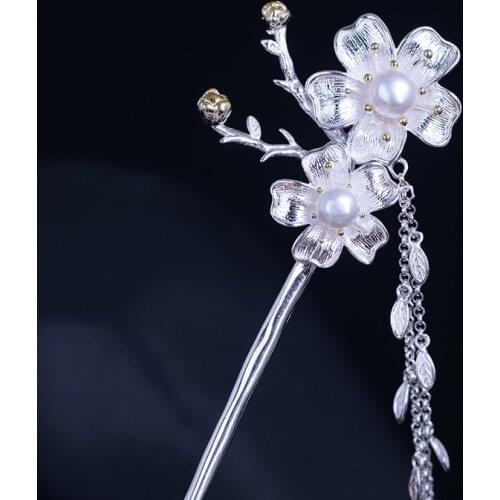 Hanfu Hair Accessory Tassel Hair Stick 925 Sterling Silver With Pearl Flower Women Chinese Sticks Hairpin Luxury Jewelry Fine
