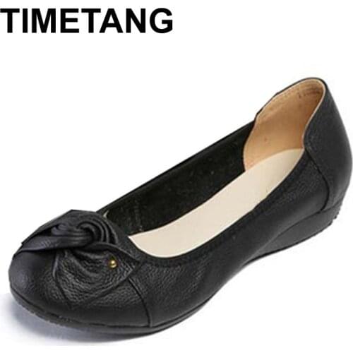 TIMETANG Big size Genuine Leather Women ballet flats,Cowskin Bowtie shoes Woman,Fashion Women ballerina flats,Slip on flat shoes