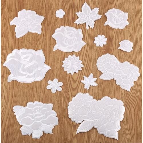 White Rose Maple Leaves Flowers Embroidery Patches for Clothing Sewing Applique for Jean Crafts Sewing Accessories Clothes Decor