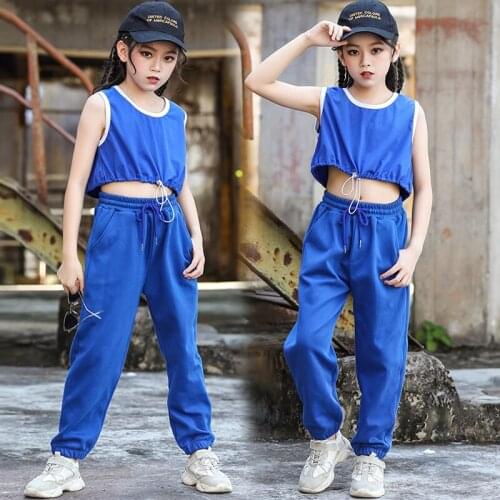 Children Jazz Hip Hop Girls Clothing Ballroom Dancing Blue Hip Hop Suit Sport Casual Pants Jazz Practice Performance Wear BL5871