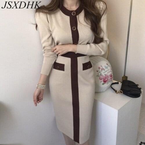 Elegant Women Knitted Two Piece Set Chic Autumn Hit Color Single breasted Sweater Cardigan + Elastic Waist Pencil Skirt Suits