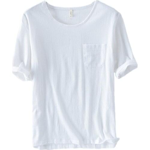 Summer Cotton Linen T-shirt For Men O-Neck Solid Color Casual Thin Top Basic Short Tees Male Clothing