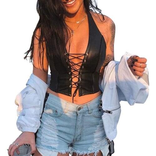 Sexy Punk Black Leather Crop Top Womens Hollow Backless camisole 2021 Summer Vest Fashion Club Party Wear Tank Tops